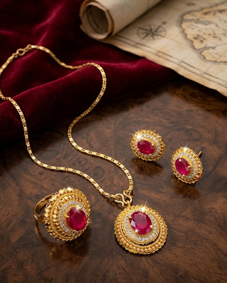 Ruby Dynasty Collection Gold-Plated Jewelry Set with Filigree Work & White Crystals