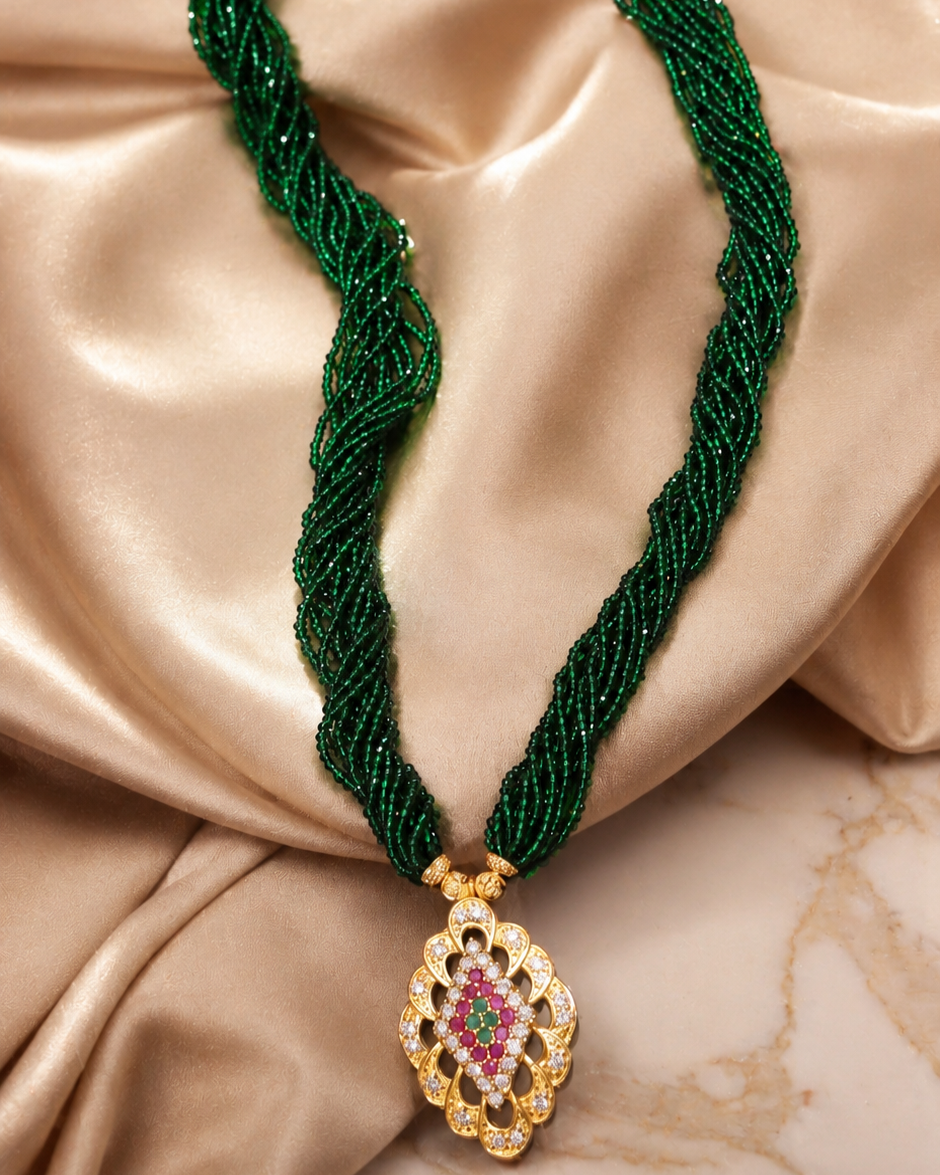 Green Beaded Necklace with Gold-Plated Red & Green Stone Pendant