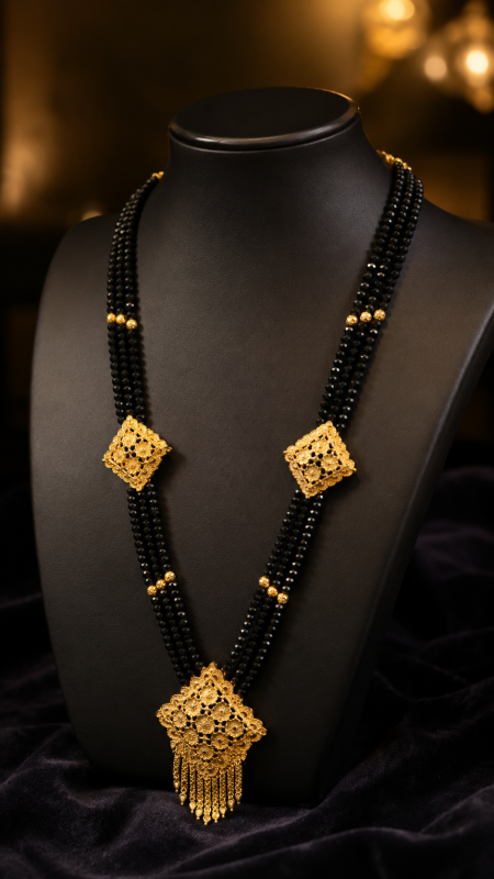 Gold-Plated Rani Haar Mangalsutra with Three-Strand Black Beads & Intricate Square Pendants