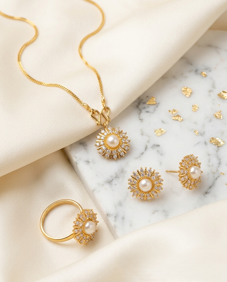 Sunflower Pearl Pendant Set in Gold Finish | Elegant Floral Jewelry for Women