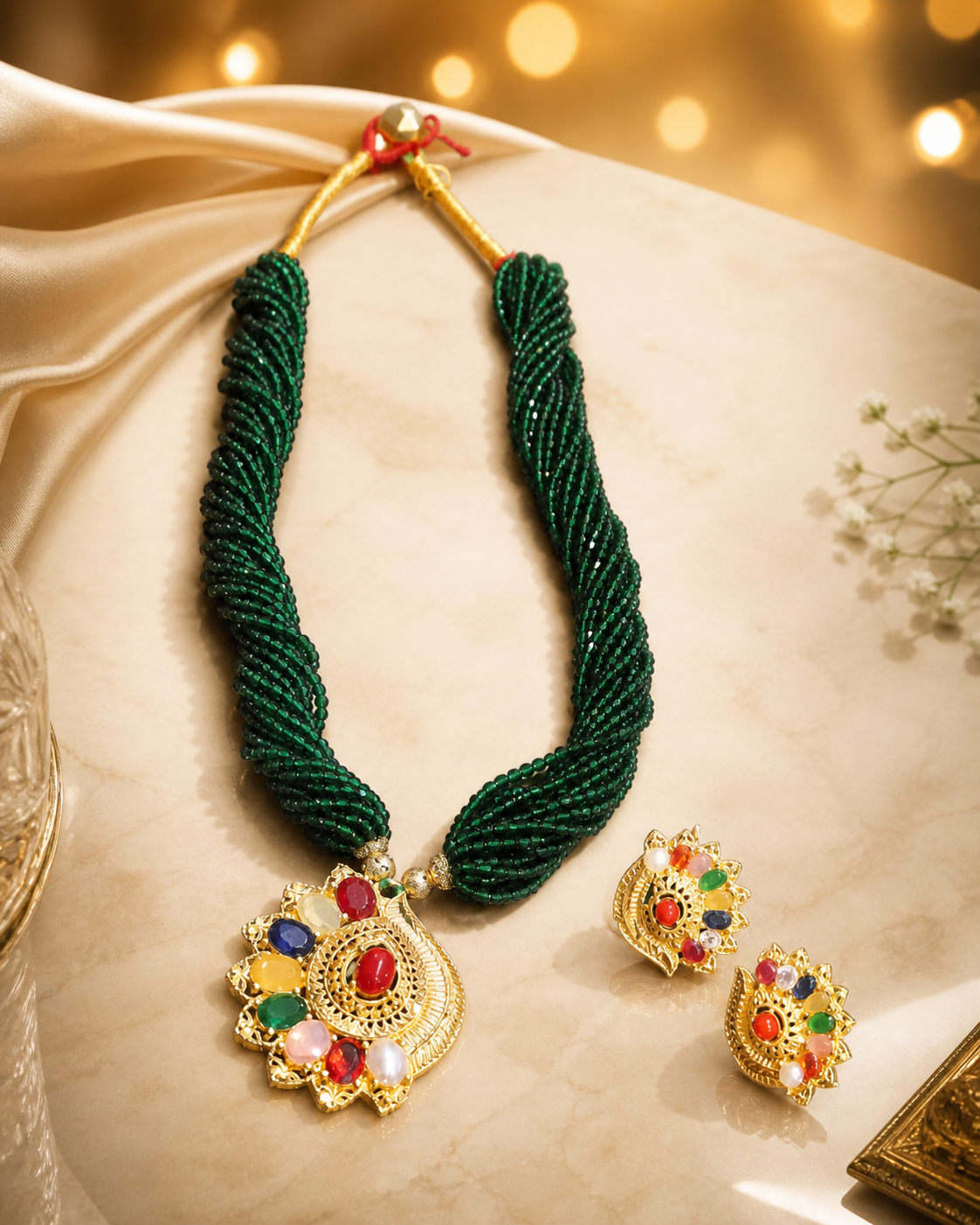 Navratna Emerald Beaded Traditional Necklace Set