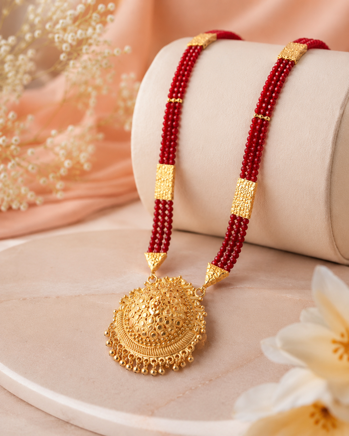 Traditional Nepalese Gold-Plated Chandra Haar Necklace with Intricate Round Pendant