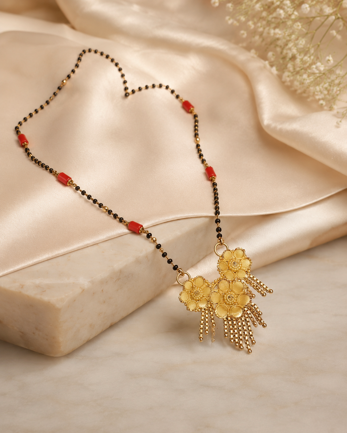 Gold-Plated Mangalsutra Necklace with Red Coral & Black Beads