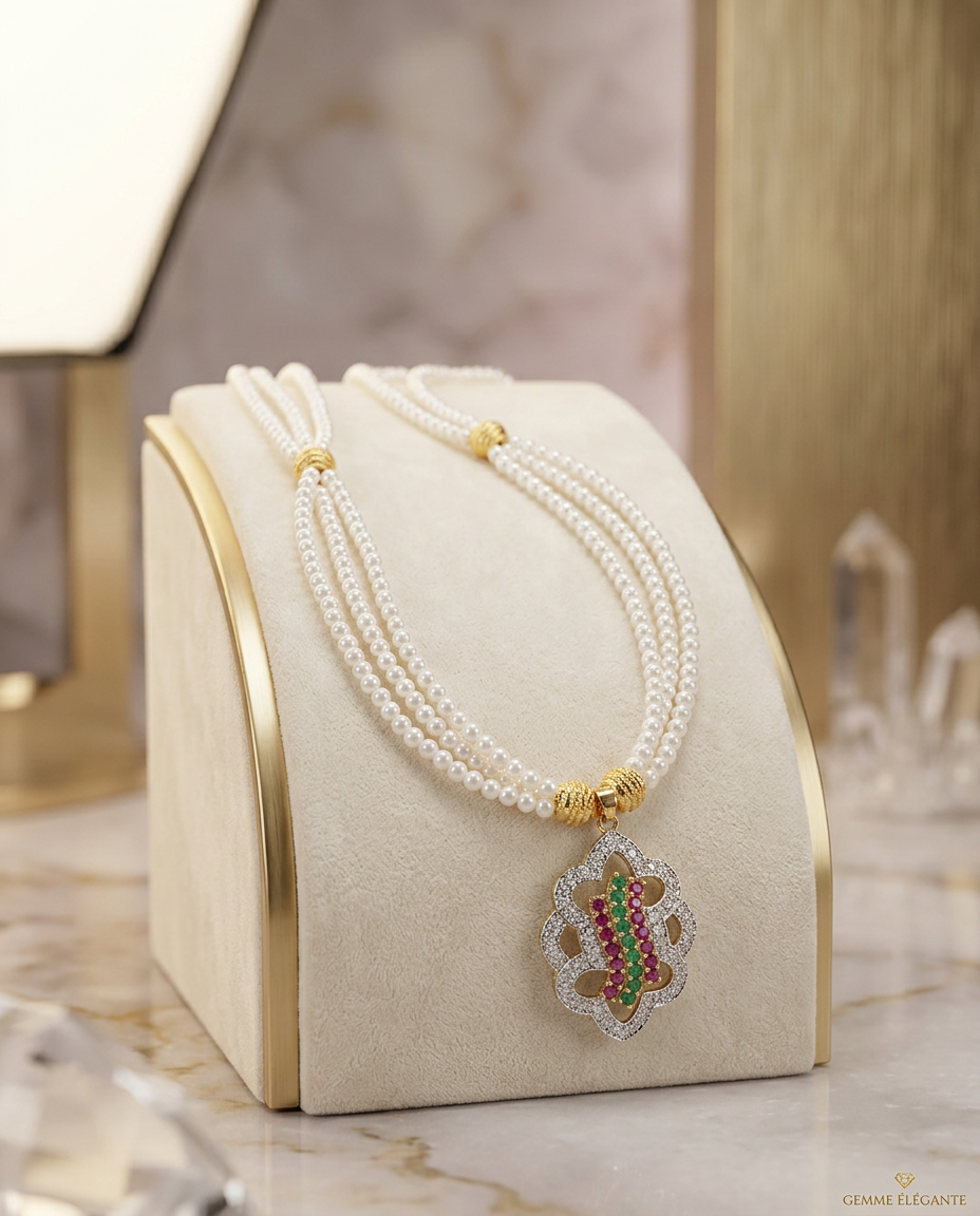 White Pearl Necklace with Red & Green Stone Pendant and Crystal Accents