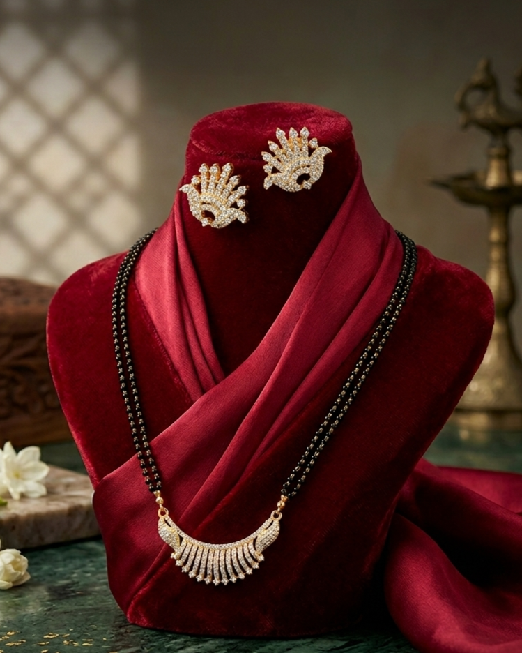 American Diamond mangalsutra set with gold-plated pendant and matching earrings for women