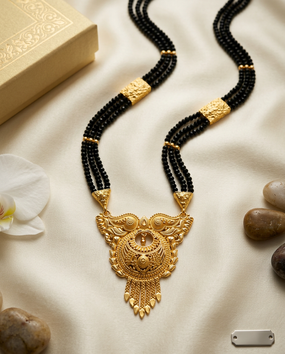 Gold-Plated Three-Layer Black Mangalsutra with Intricate Long Pendant