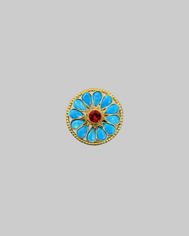 Gold-Tone Floral Brooch with Turquoise-Colored Teardrop Cabochons & Red Center Stone
