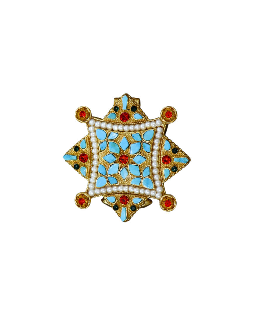 Star-Shaped Tibetan Ghau Prayer Box Locket – Gold-Plated with Turquoise, Red & Black Stones