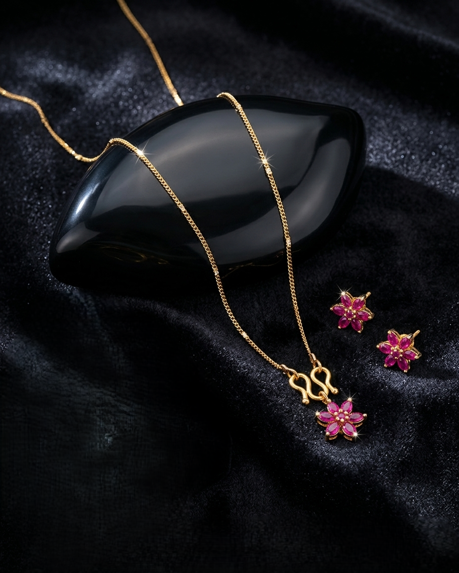 Gold-Plated Floral Pendant Necklace with Red Ruby-Like Crystals