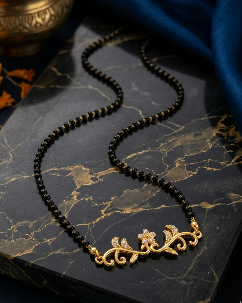 Gold-Plated Floral Mangalsutra with White Stone Embellishments for Women