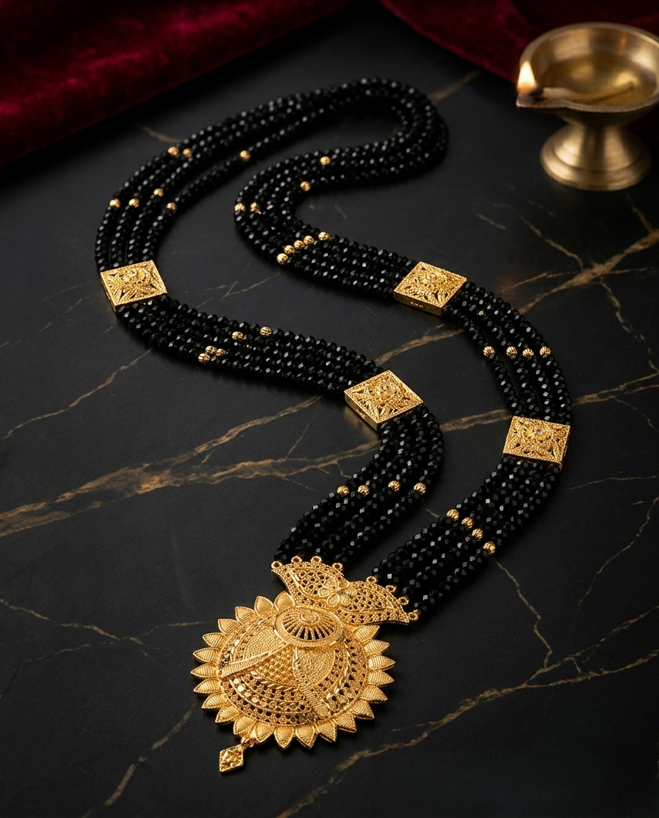 Gold-Plated Multi-Layer Black Crystal Bead Mangalsutra with Intricate Circular Pendant