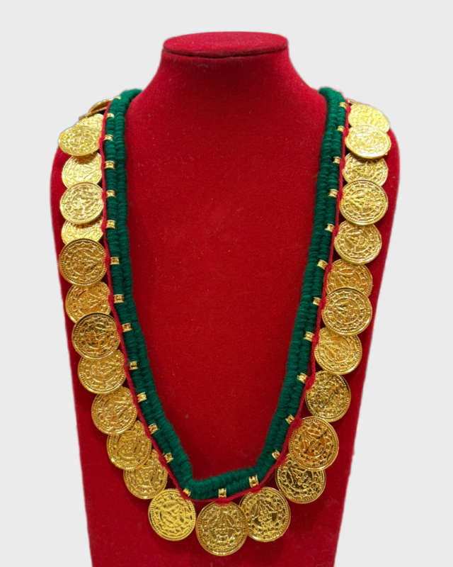 Gold-Plated Nepali Traditional Hamel (Coin Haar) Necklace with Green Thread Base