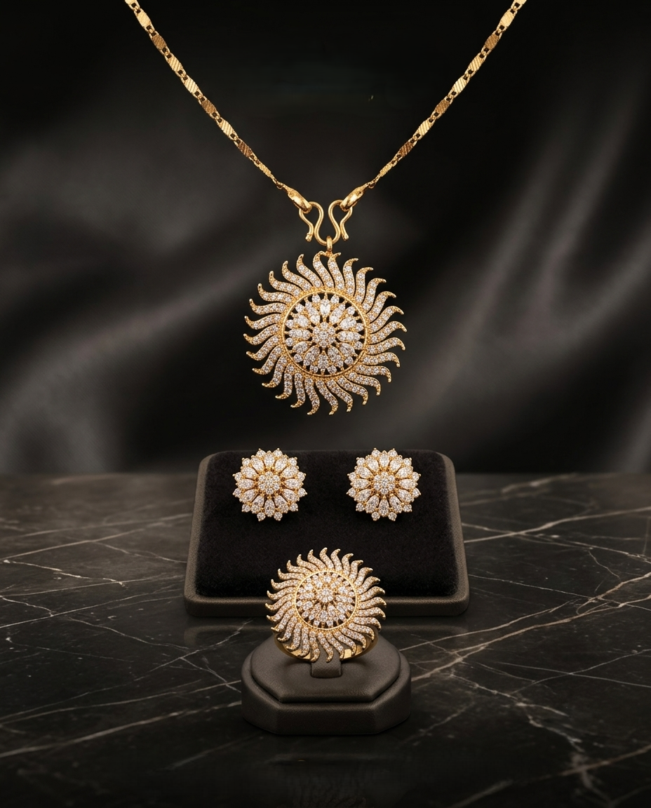 Gold-Plated American Diamond Flower Pendant Set with Sunflower Design