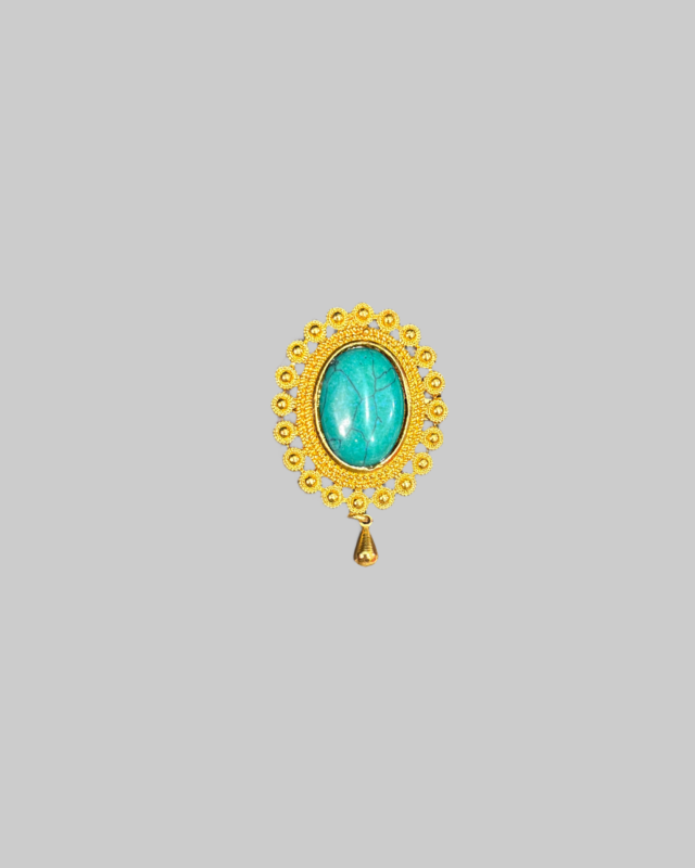 Turquoise and Gold-Tone Brooch with Single Dangling Element