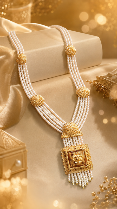 Exquisite Moti Rani Haar with Multi-Layered White Pearls & Gold-Plated Medallions