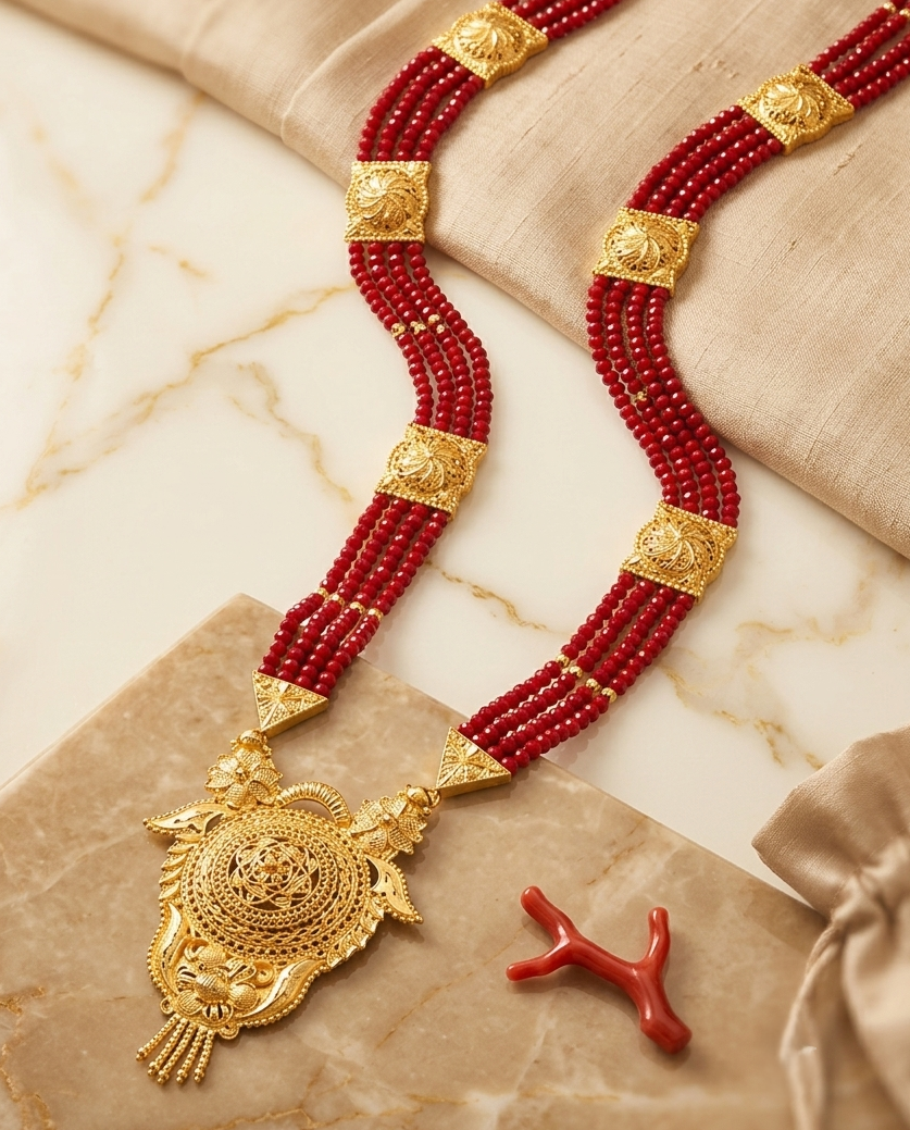 Red & Gold Mangalsutra Necklace with Multi-Strand Red Crystals and Gold-Plated Locket