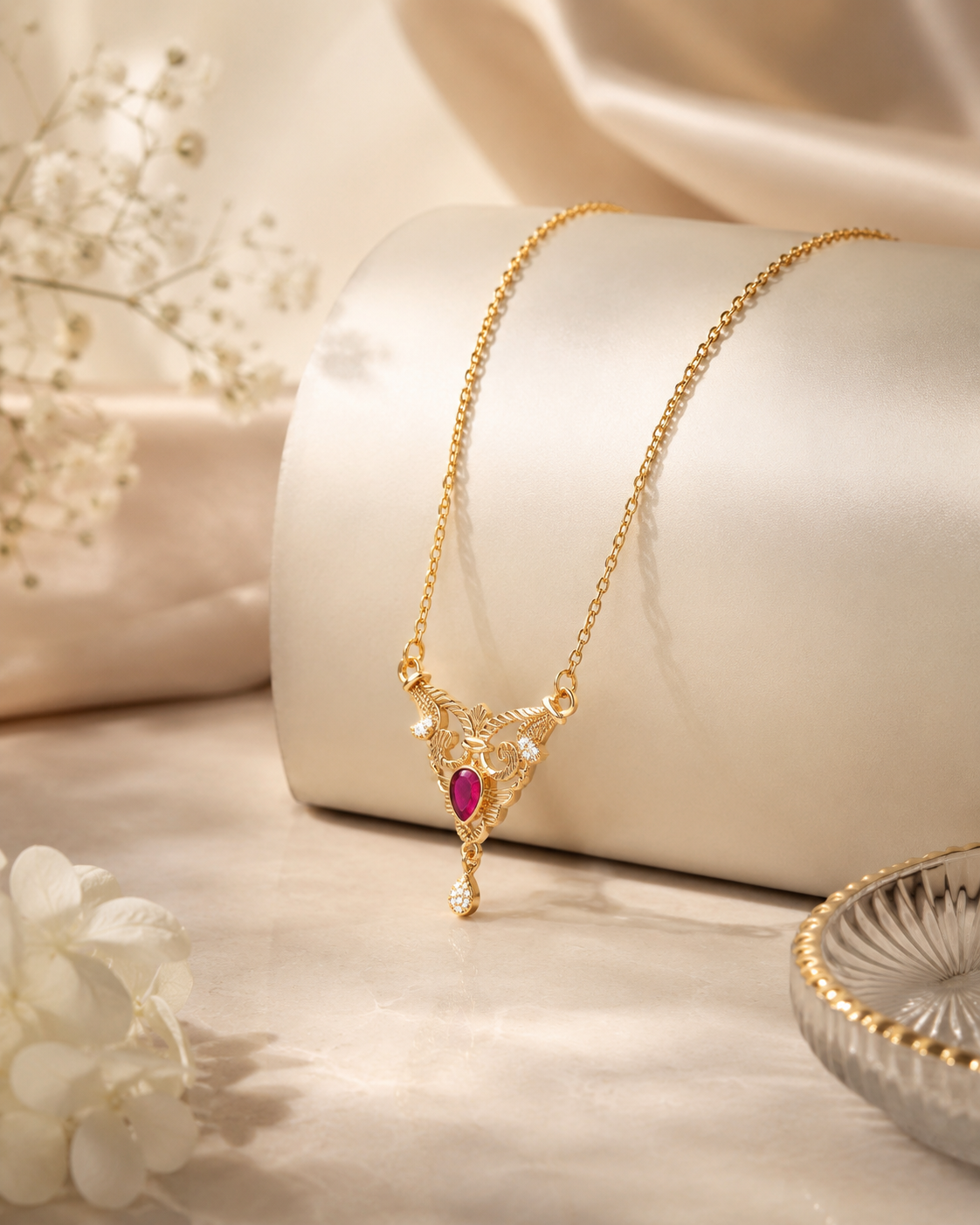 Ruby-Accented Gold Necklace with Lattice Pendant and Zircon Embellishments