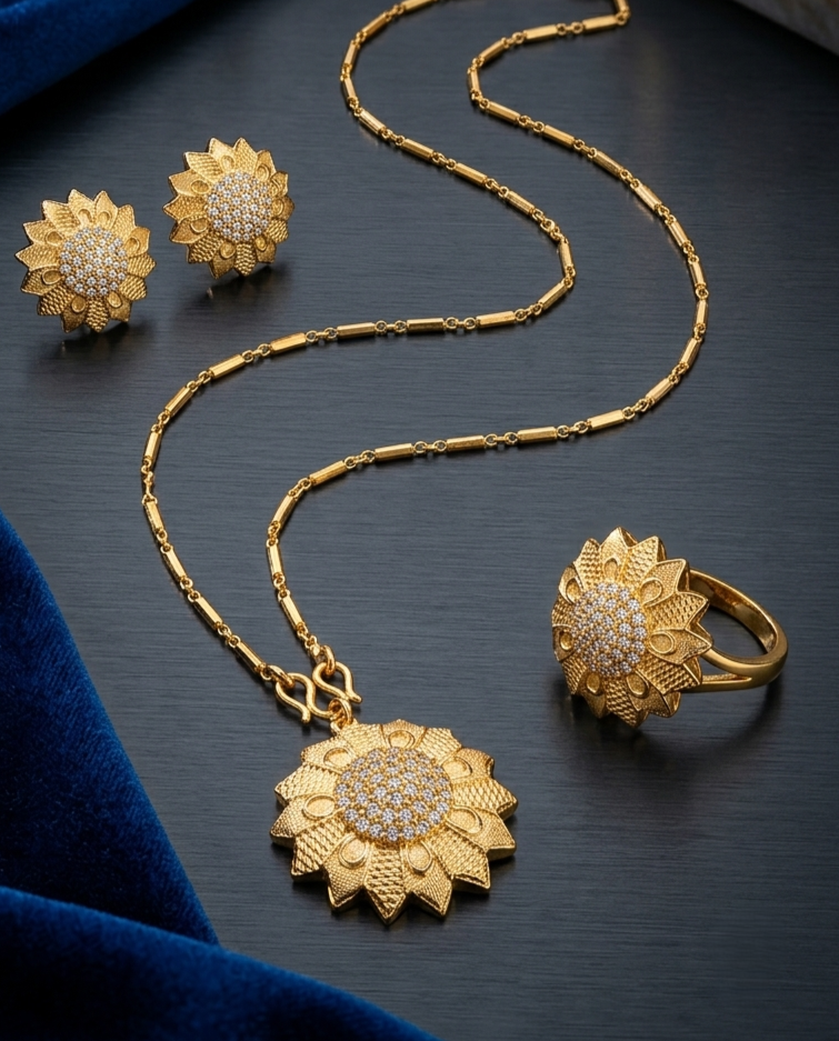 Gold-Plated Sunflower Jewelry Set with White Stone Accents