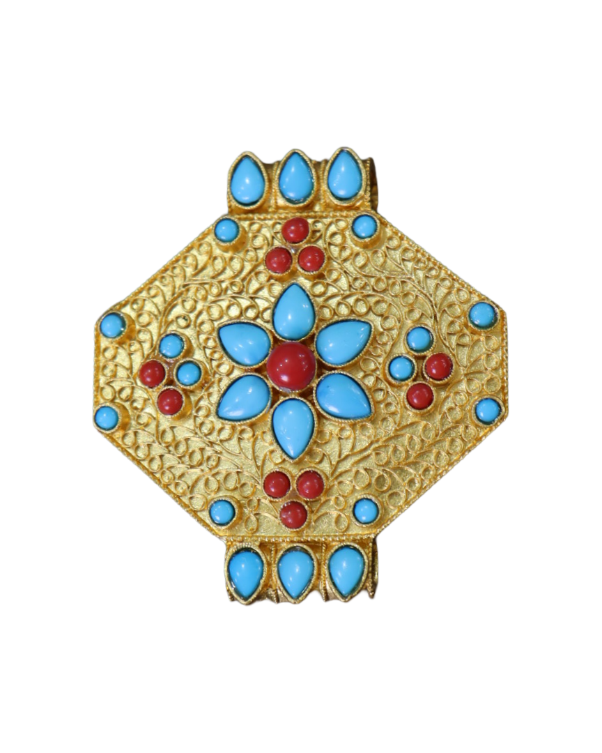 Gold-Plated Tibetan Ghau (Gau/Gao) Prayer Box Pendant with Turquoise & Coral Gemstones