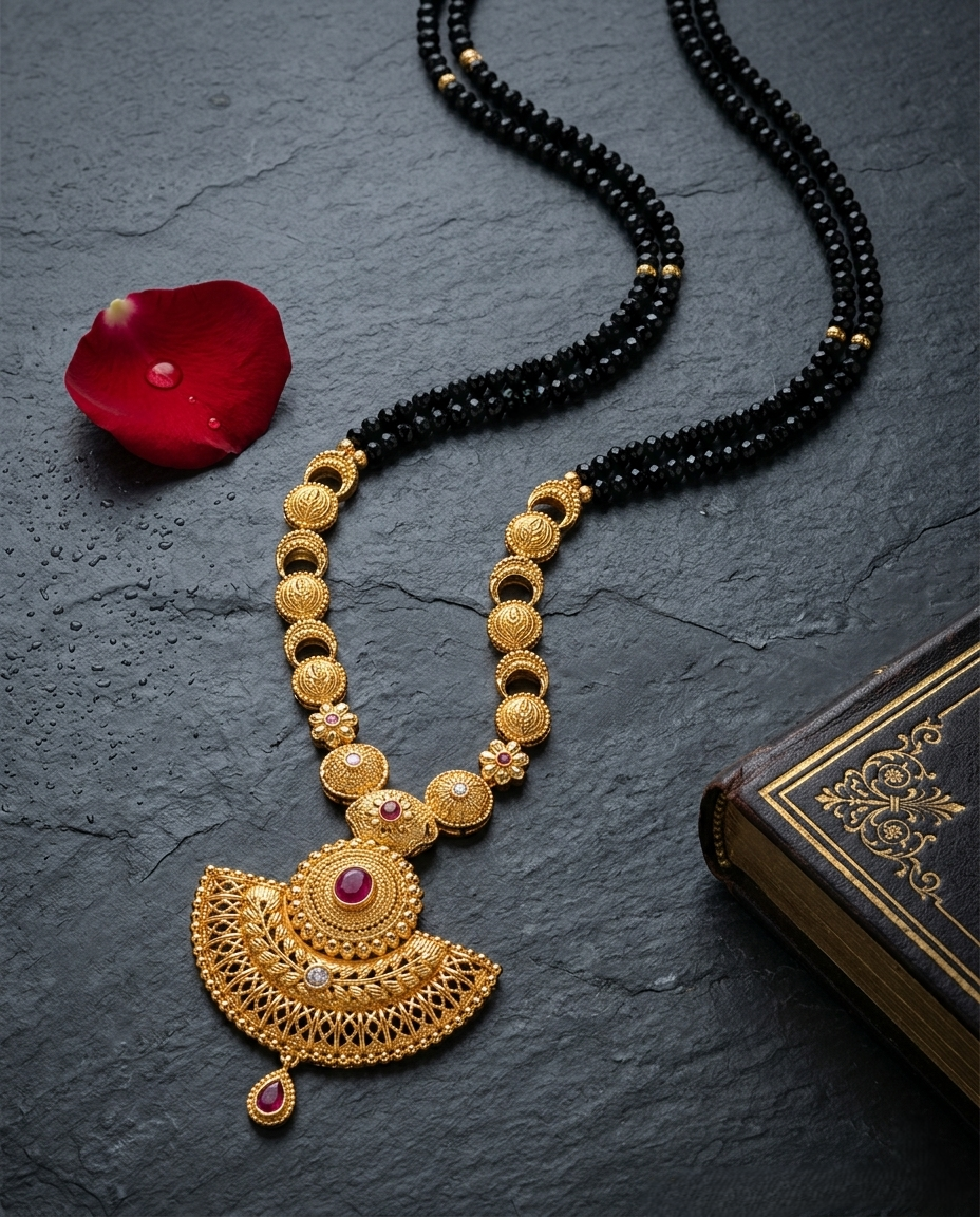 Gold-Plated Maharashtrian Mangalsutra with Black Bead Chain & Filigree Red Stone Pendant