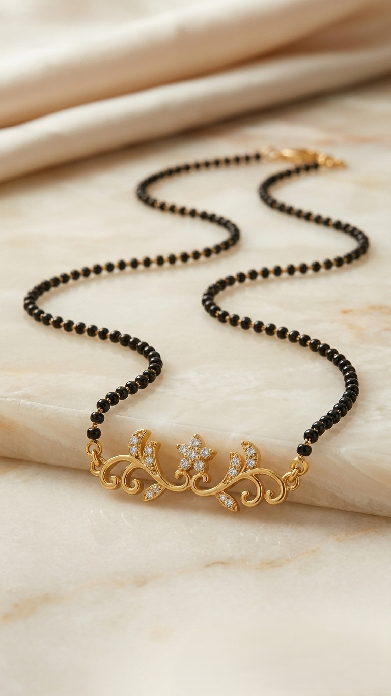Gold-Plated Mangalsutra with Floral Pendant and White Stone Design