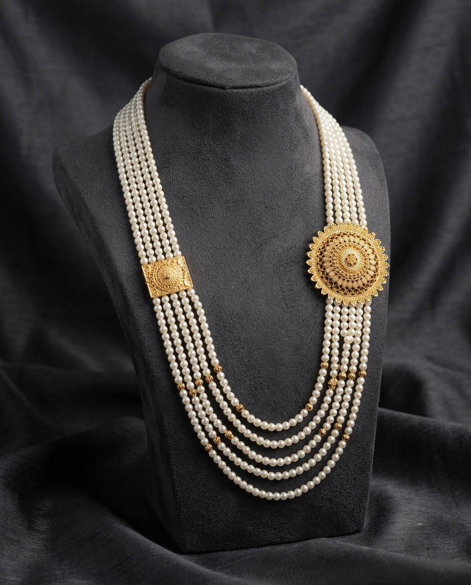 Gold-Plated Chandra Haar Necklace with Five Rows of White Pearls & Circular Locket