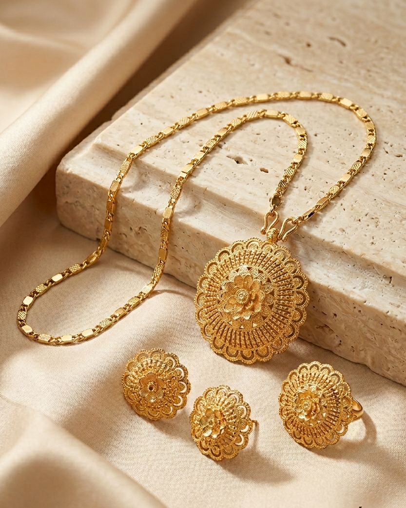 Gold-Plated Floral Filigree Mandala Pendant Necklace Set | Elegant Statement Jewelry