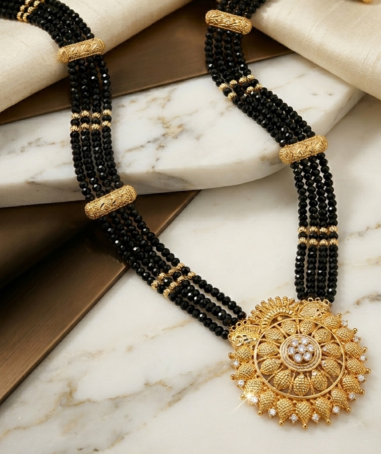 Gold-Plated Mangalsutra with Black Crystal Beads & Intricate Circular Pendant