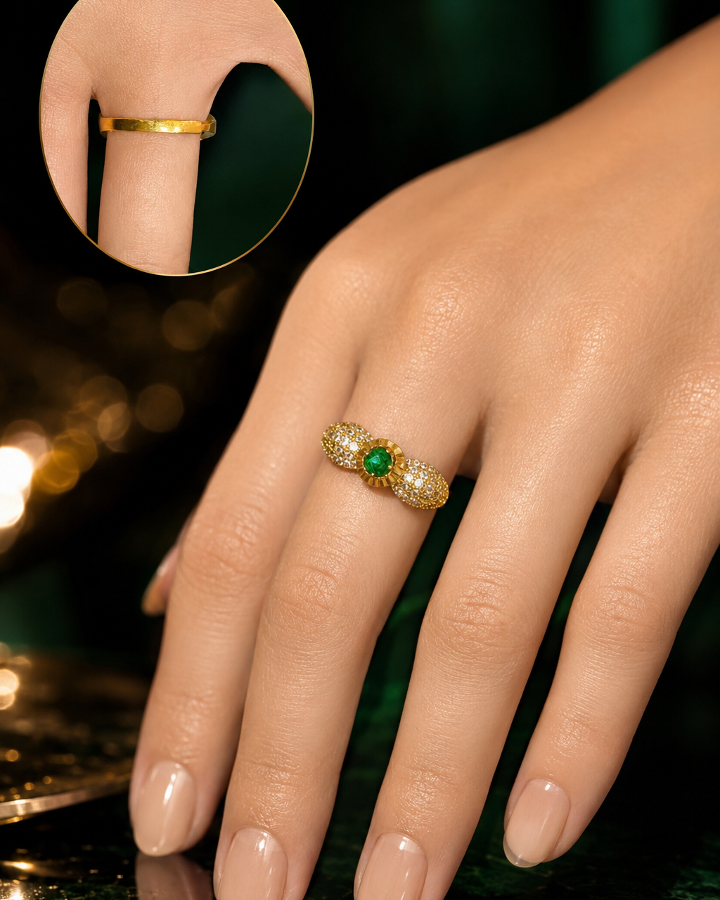 Modern Design Emerald and Diamond Ring in Elegant Gold Finish