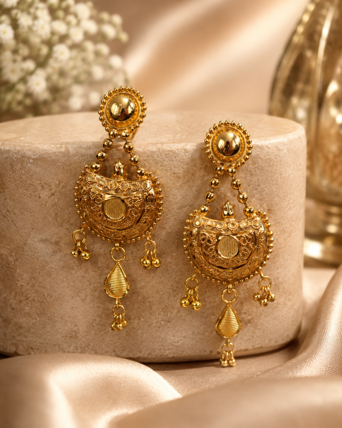 Gold-Plated Ramleela Design Jhumka Earrings with Filigree Work & Pear Drops