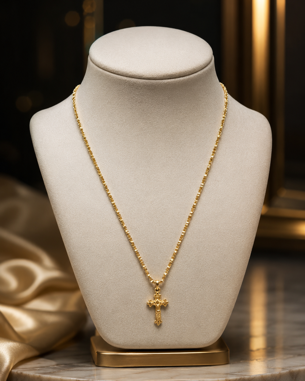 Gold-Plated Cross Necklace with Textured Chain and Intricate Crucifix Pendant