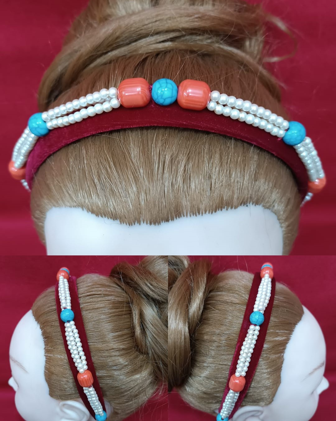 Tibetan Traditional Hairband with Coral, Turquoise & Pearl Beads