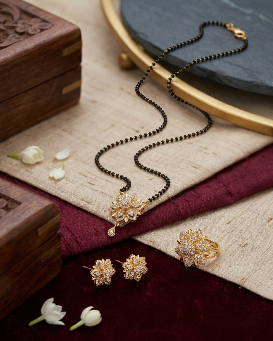Gold-Plated American Diamond Floral Mangalsutra for Women | Elegant Floral Pendant Necklace