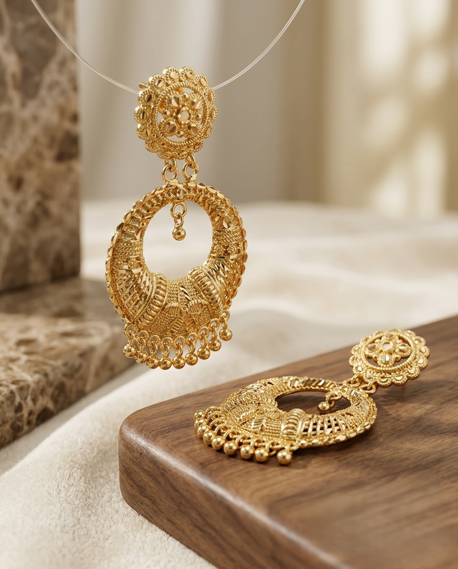 Gold-Plated Ramlila Earrings with Circular Design and Dangling Drop Accents
