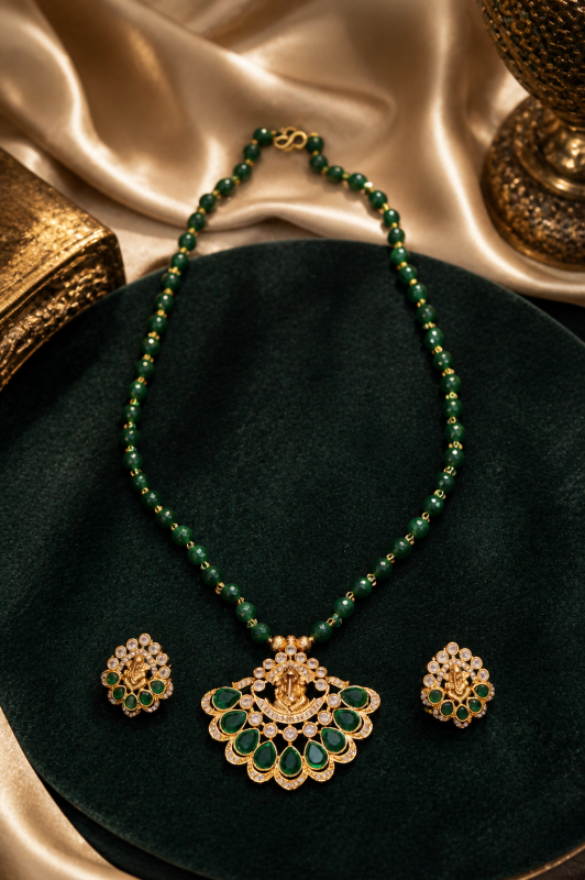 Green Beaded Lakshmi Devi Necklace & Earring Set – Traditional Temple Jewelry