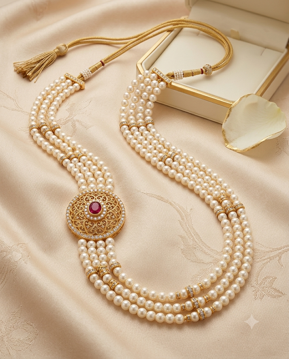 Traditional  (Moti Chandra Haar) with Filigree Locket & Ruby-Like Stone