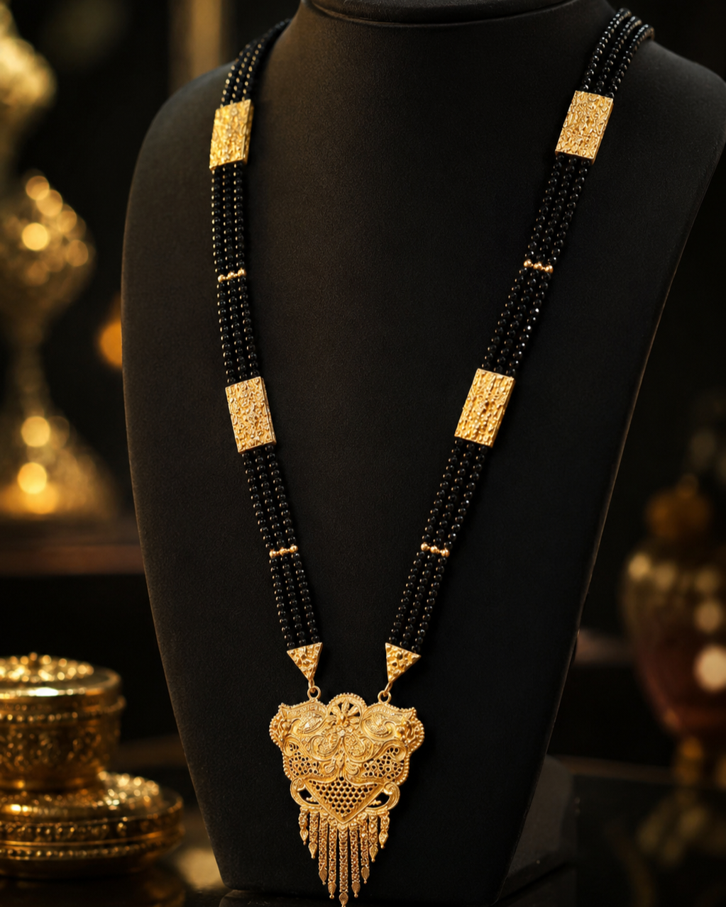 Gold-Plated Mangalsutra with Traditional Pendant & Black Crystal Beads