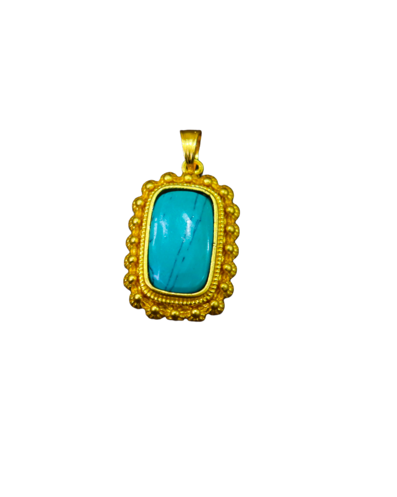 Gold-Toned Turquoise Pendant with Beaded Border | Classic Gemstone Necklace