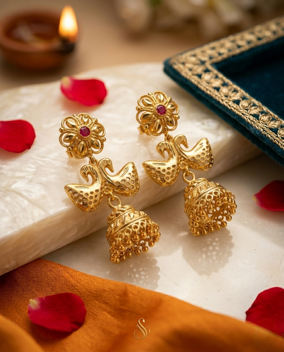 Gold-Plated Pinjara Jhumka Earrings with Bird Motifs & Ruby Accent