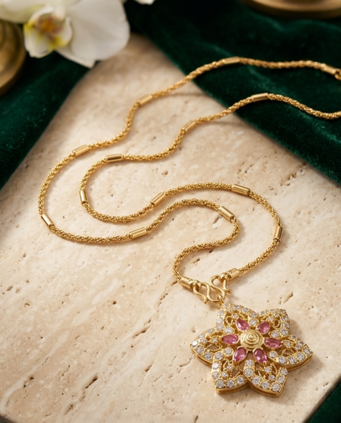Gold-Plated Floral Pendant Necklace Set with Pink Stones and Sparkling Accents