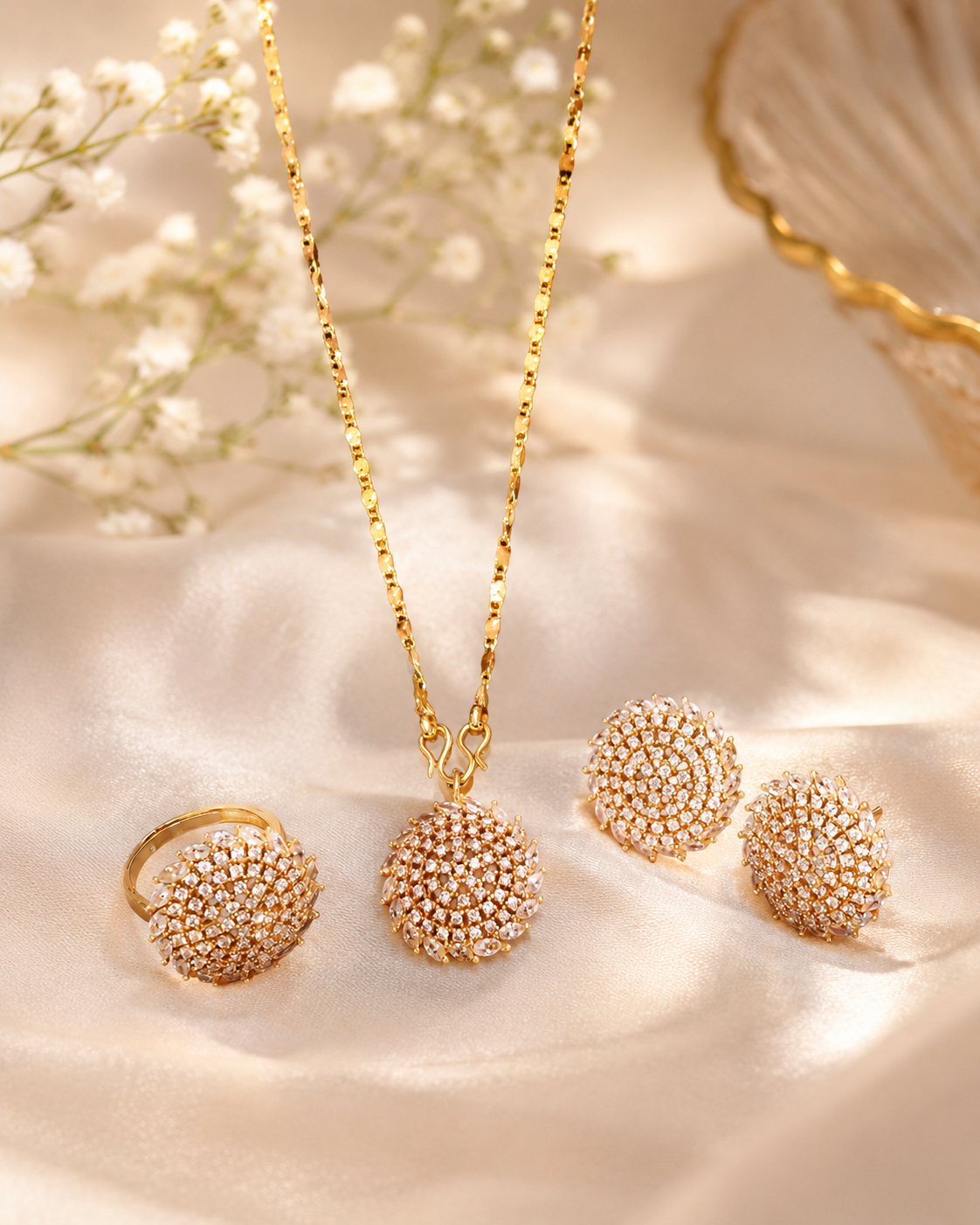 Gold-Plated Necklace Set with White Stone-Encrusted Spherical Pendant