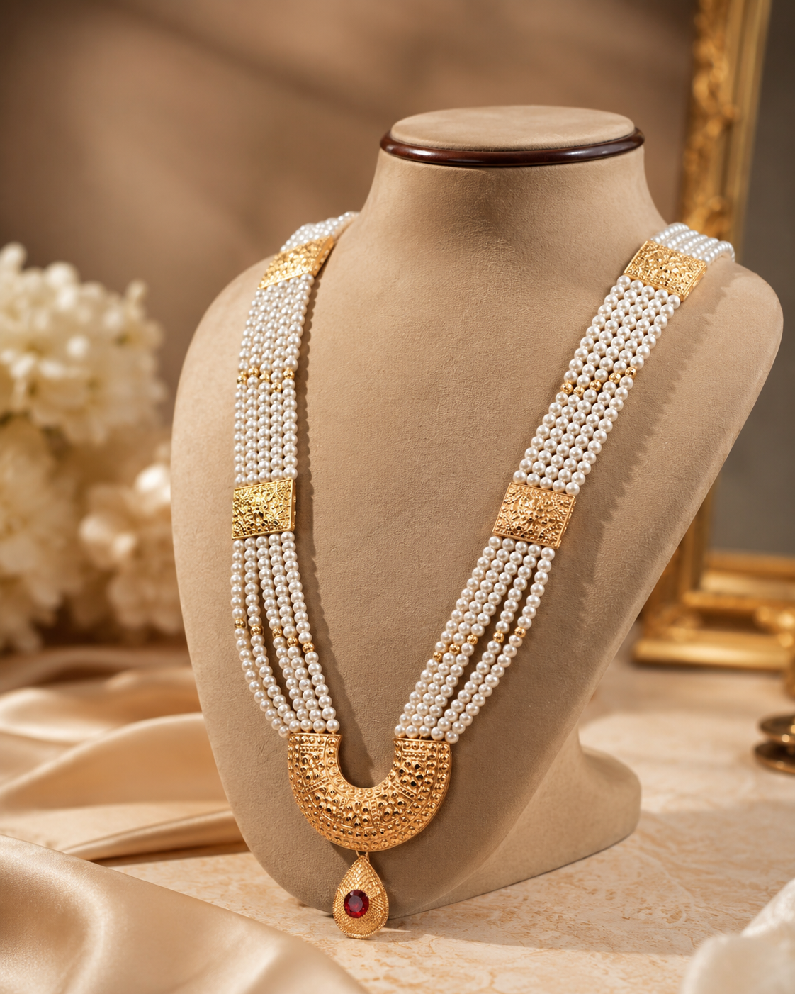 Traditional Nepalese Chandra Haar with White Pearls (Moti) & Gold-Plated Design