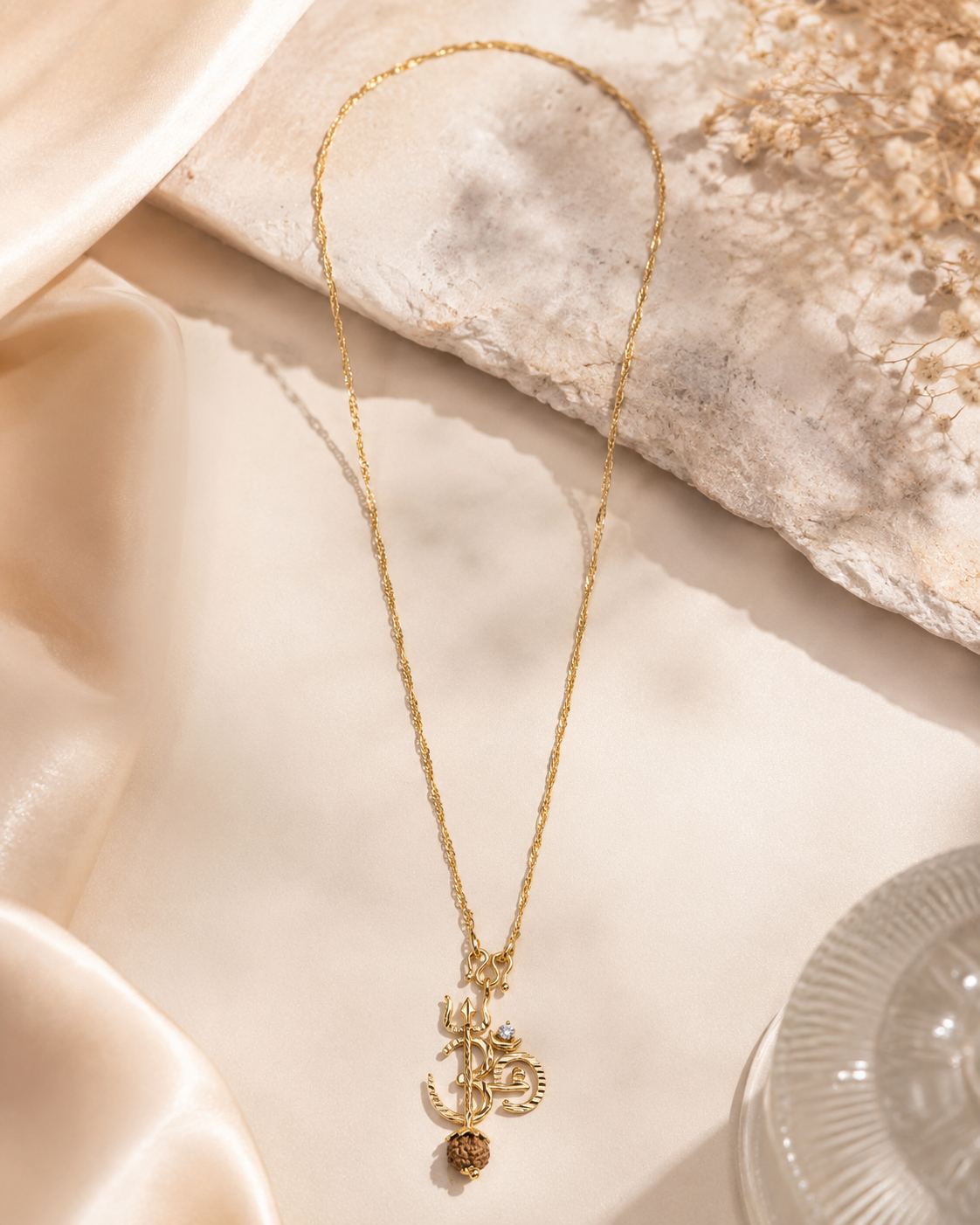 Gold-Toned Trident Pendant Necklace with Rudraksha Seed & Spiritual Symbol | Devotional Jewelry
