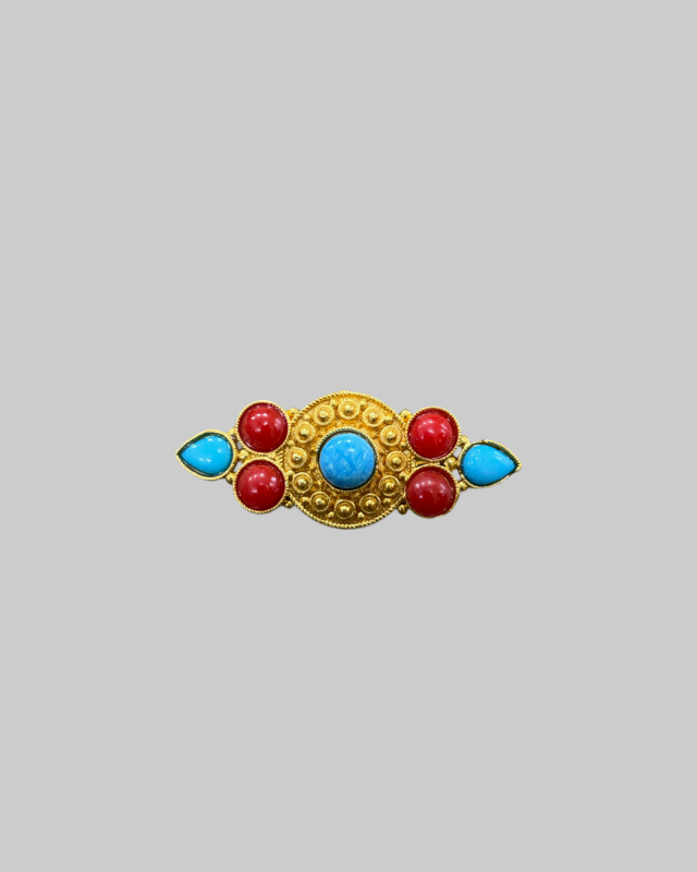 Vintage Egyptian-Style Brooch with Turquoise & Coral Stones in Gold-Tone
