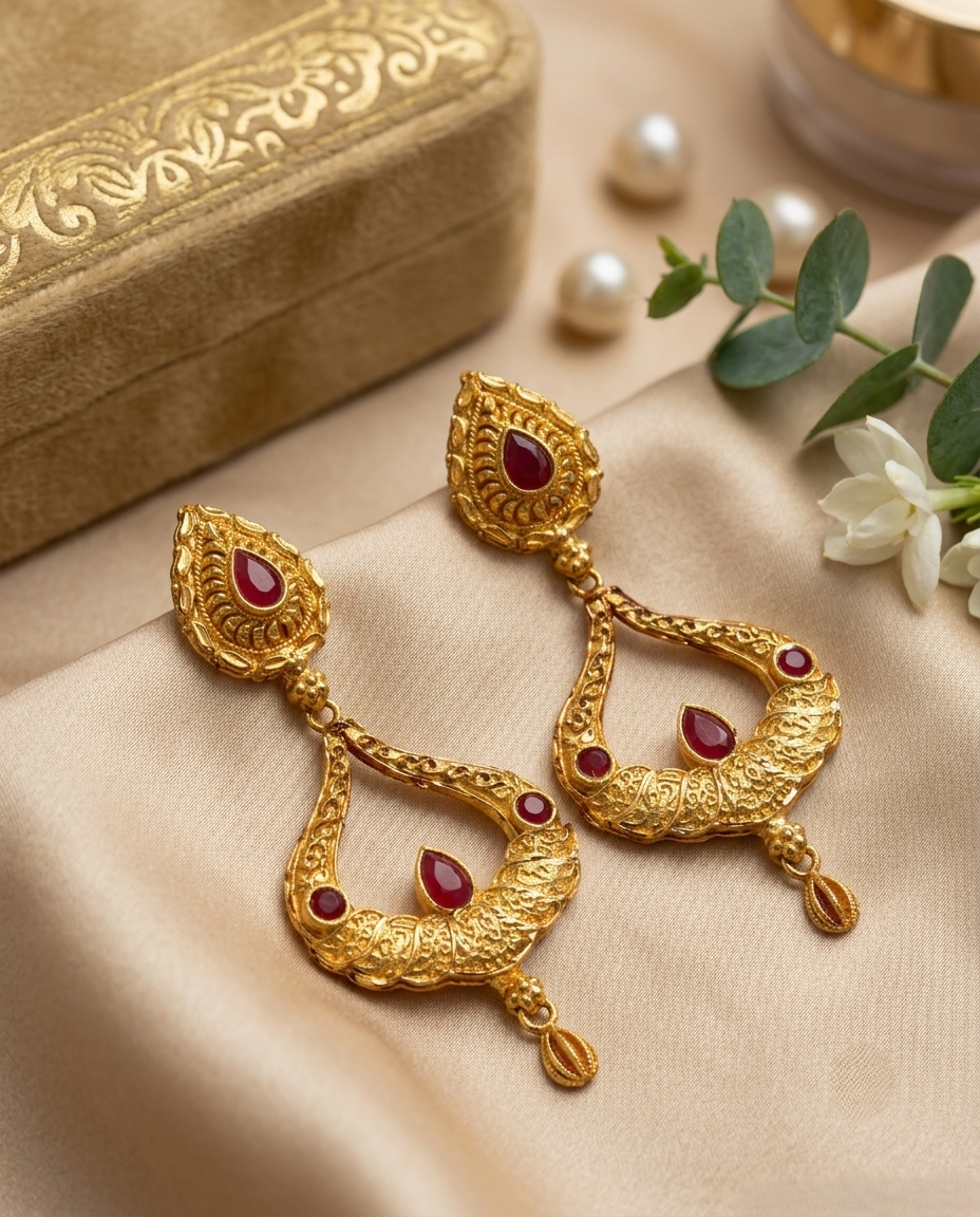 Gold-Plated Filigree Earrings with Ruby-Red Stones