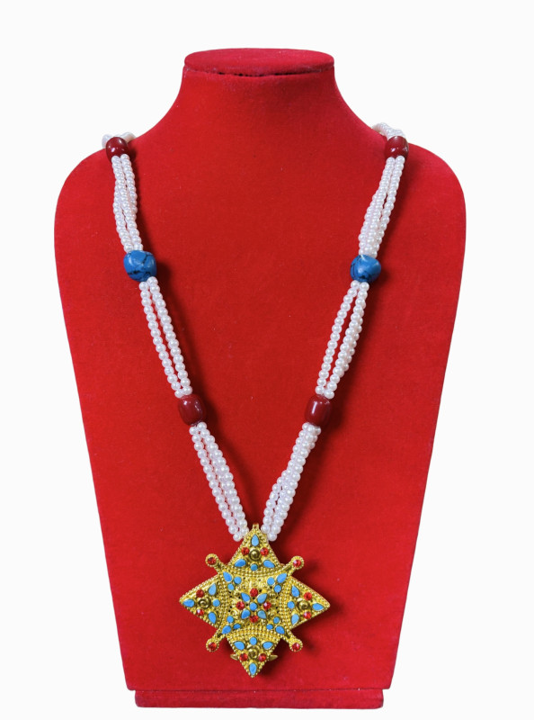 Gold-Plated Tibetan Ghau Mala Necklace | Pearl Strands with Turquoise & Red Coral | Handmade Buddhist Jewelry