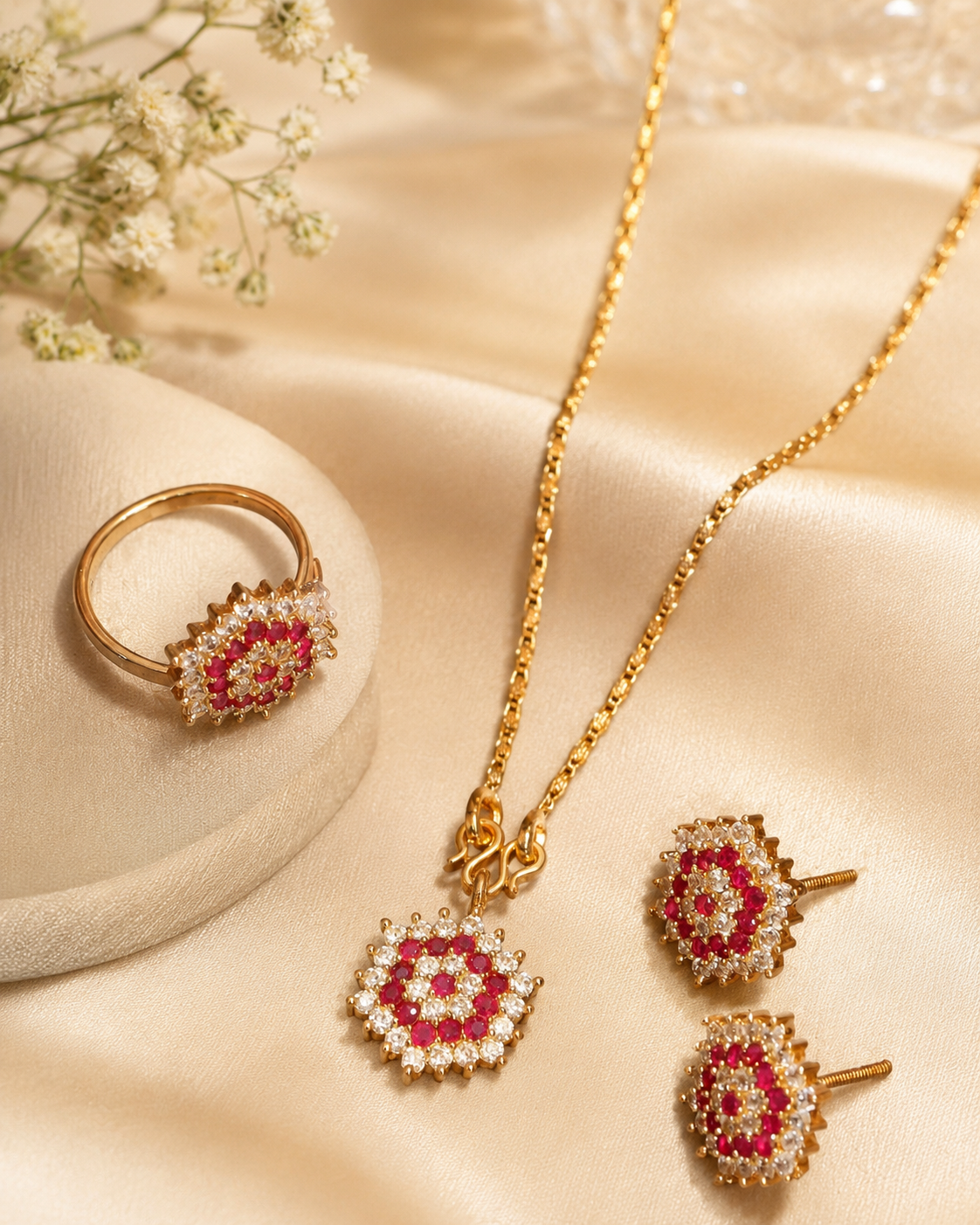 Gold Pendant Suite with Red and White Cubic Zirconia Stones
