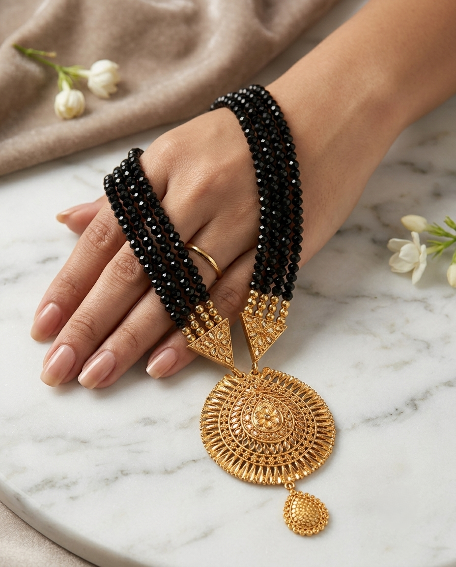Gold-Plated Pendant Necklace with Three Strands of Black Bead