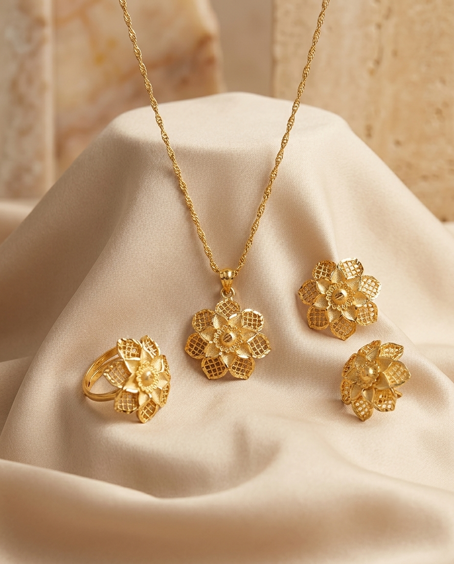 Gold Jewelry Set with Intricate Floral Pendants and Matching Accessories