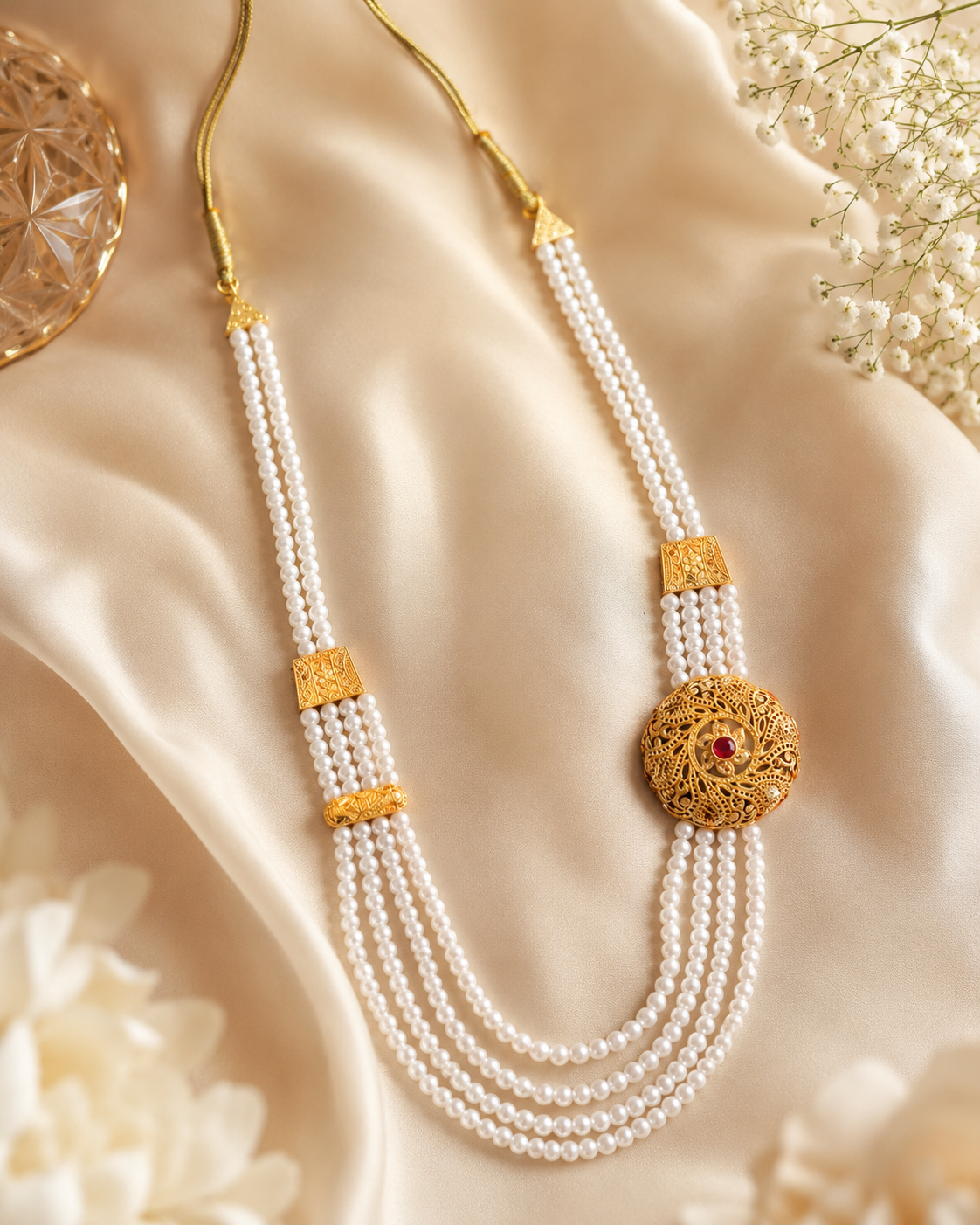 Gold-Plated Pearl Chandra Haar Necklace with Circular Red Gemstone Pendant
